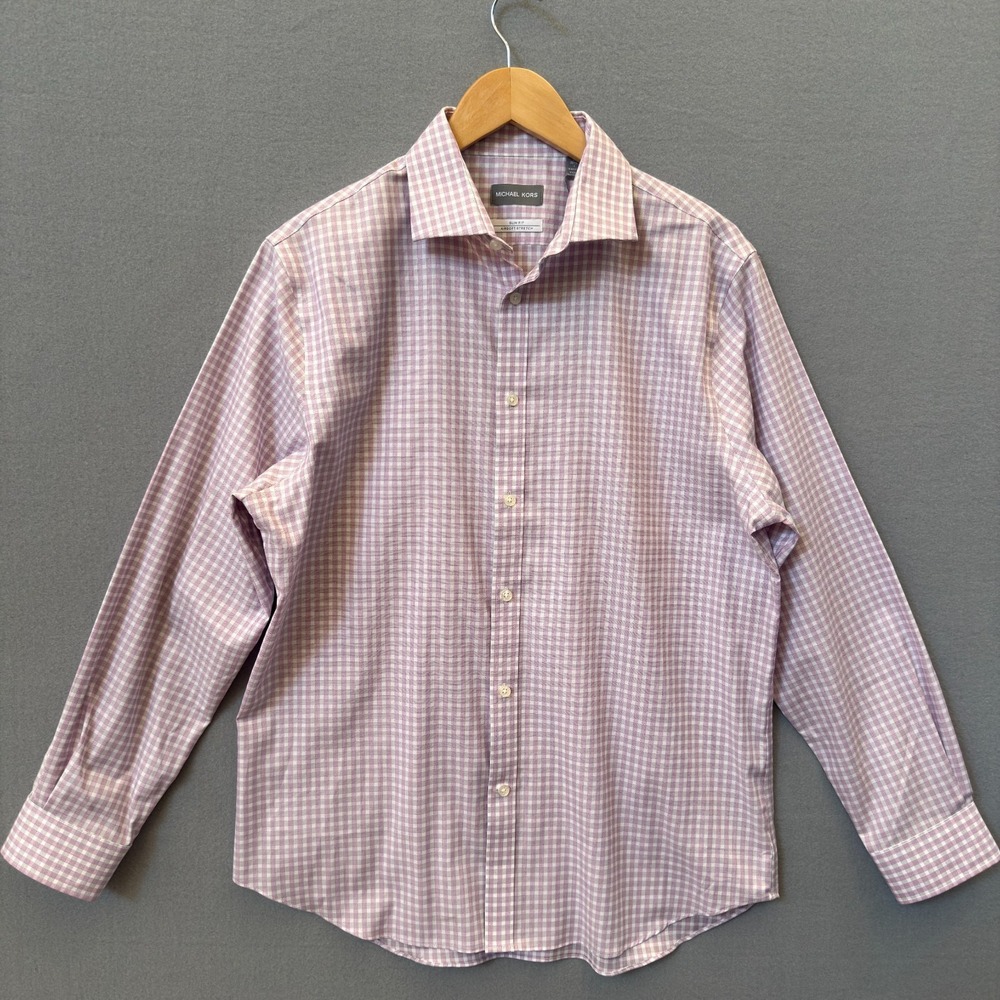 Michael Kors Slim Fit Airsoft Stretch Dress Shirt Men's Sz L Lavender Check NWT